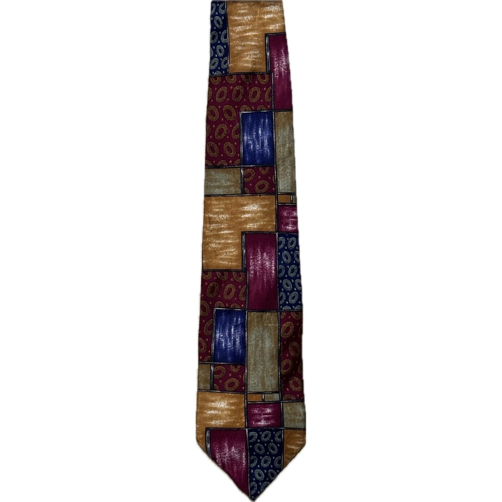 Ermenegildo Zegna Silk Tie Mens Geometric Patchwork Paisley Burgundy Blue Gold